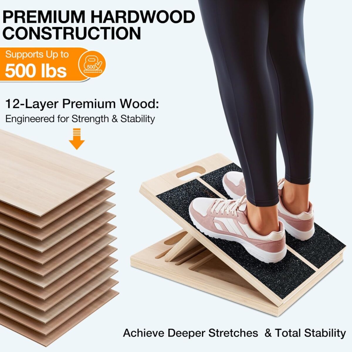 TEMI Slant Board for Calf-Stretching - Wooden Incline Wedge Stretcher for Squats, Foot & Ankle Mobility, Portable Fitness Equipment, Balance Block for Heel Stretch - Image 4