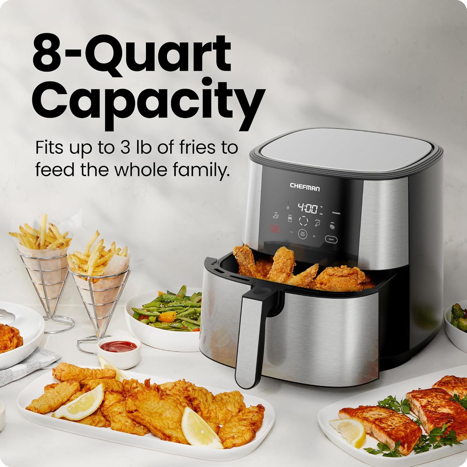 1760426777_Chefman-TurboFry®-Touch-Air-Fryer-XL-8-Qt-Family-Size-One-Touch-Digital-Control-Presets-French-Fries-Chicken-Meat-Fish-Nonstick-Dishwasher-Safe-Parts-Automatic-Shutoff-Stainless-Steel.jpg Chefman TurboFry® Touch Air Fryer, XL 8-Qt Family Size, One-Touch Digital Control Presets, French Fries, Chicken, Meat, Fish, Nonstick Dishwasher-Safe Parts, Automatic Shutoff, Stainless Steel - Image 4