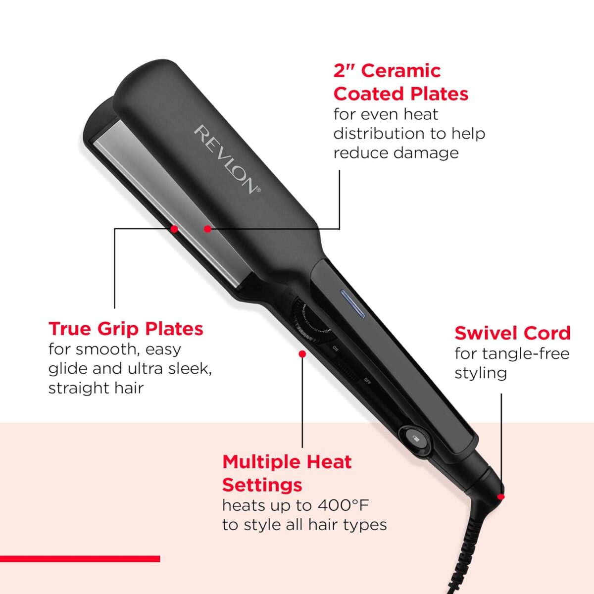 REVLON Ceramic Coated 2" Flat Iron - Fast Heating Hair Straightener for Quick and Smooth Results, Plus Travel Friendly (Black) - Image 5
