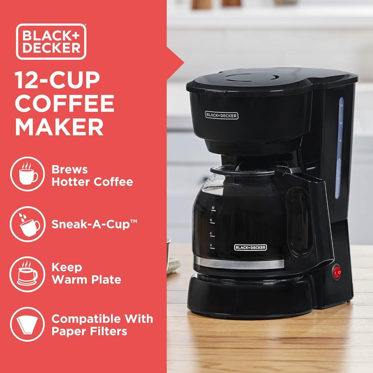 BLACK+DECKER 12-Cup Coffee Maker with Easy On/Off Switch, Easy Pour, Non-Drip Carafe with Removable Filter Basket, Vortex Technology, Black - Image 3