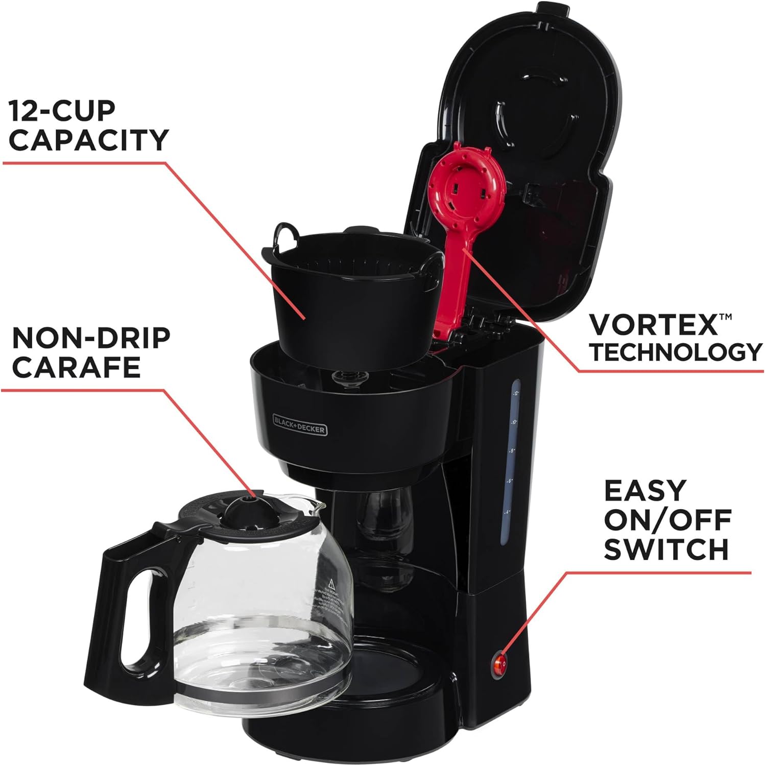 1760428101_BLACKDECKER-12-Cup-Coffee-Maker-with-Easy-OnOff-Switch-Easy-Pour-Non-Drip-Carafe-with-Removable-Filter-Basket-Vortex-Technology-Black.jpg BLACK+DECKER 12-Cup Coffee Maker with Easy On/Off Switch, Easy Pour, Non-Drip Carafe with Removable Filter Basket, Vortex Technology, Black - Image 4