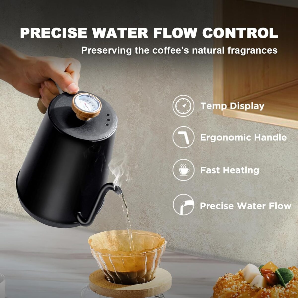 Nueve&Five Gooseneck Electric Kettle with Thermometer， Black Electric Kettle 1L with Auto Shut-Off，1000W Hot Water Kettle of Stainless Steel， Pour Over Kettle for Coffee & Tea - Image 3