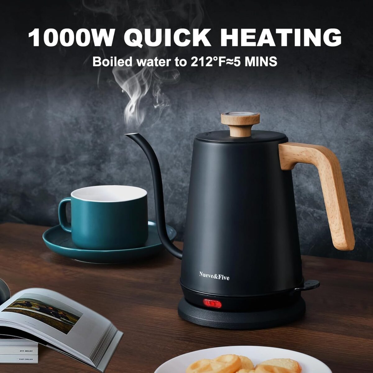 Nueve&Five Gooseneck Electric Kettle with Thermometer， Black Electric Kettle 1L with Auto Shut-Off，1000W Hot Water Kettle of Stainless Steel， Pour Over Kettle for Coffee & Tea - Image 5