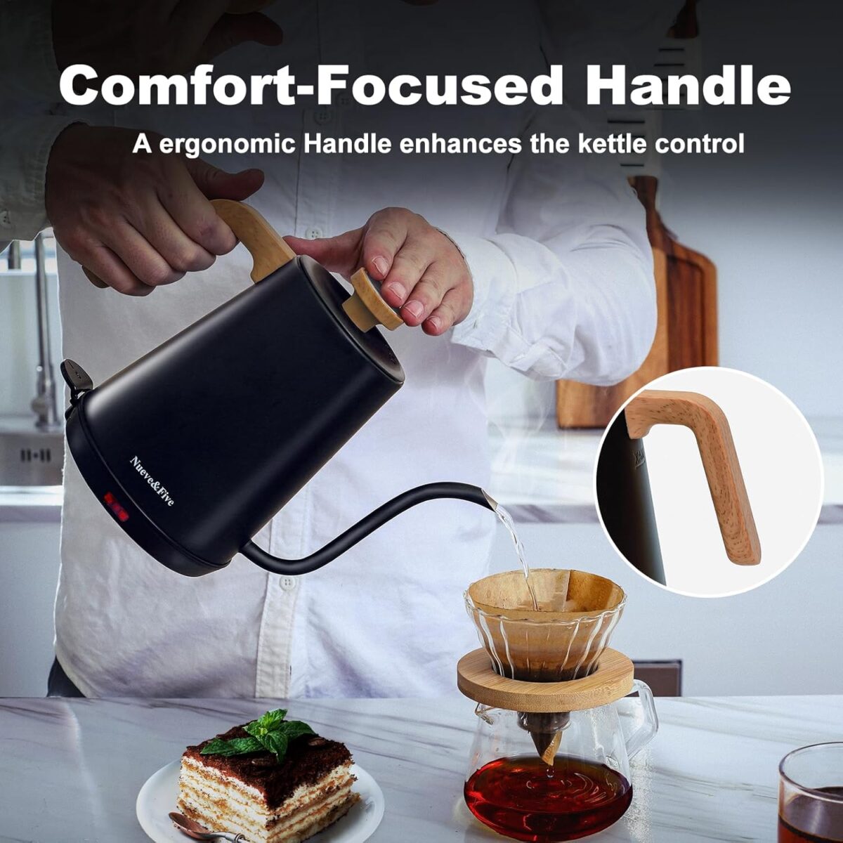 Nueve&Five Gooseneck Electric Kettle with Thermometer， Black Electric Kettle 1L with Auto Shut-Off，1000W Hot Water Kettle of Stainless Steel， Pour Over Kettle for Coffee & Tea - Image 6