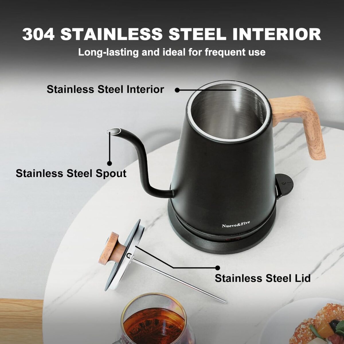 Nueve&Five Gooseneck Electric Kettle with Thermometer， Black Electric Kettle 1L with Auto Shut-Off，1000W Hot Water Kettle of Stainless Steel， Pour Over Kettle for Coffee & Tea - Image 7