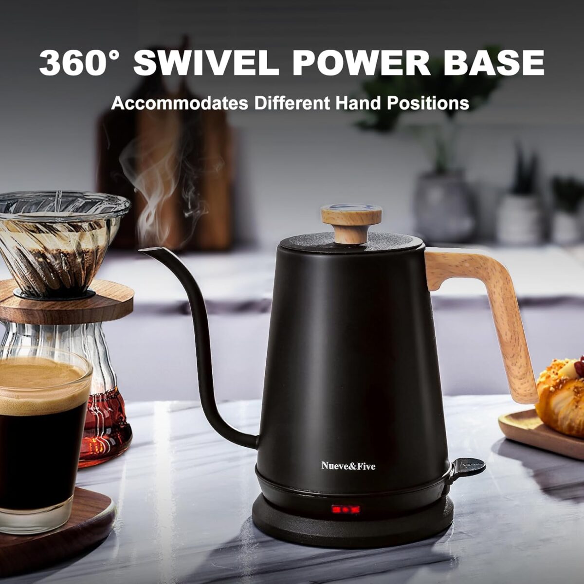 Nueve&Five Gooseneck Electric Kettle with Thermometer， Black Electric Kettle 1L with Auto Shut-Off，1000W Hot Water Kettle of Stainless Steel， Pour Over Kettle for Coffee & Tea - Image 9