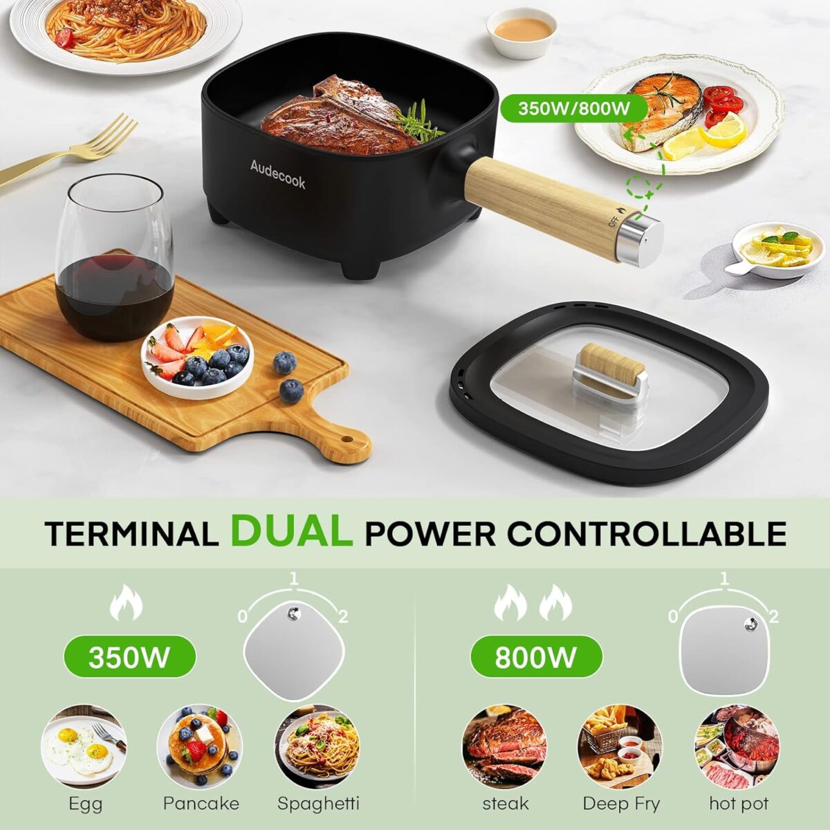 Audecook Hot Pot Electric 2L, Cermic Glaze Non-Stick Frying Pan 8 Inch, Portable Travel Cooker for Ramen/Steak/Fried Rice/Oatmeal/Soup, with Dual Power Control (Silicone Spatula Included) - Image 3