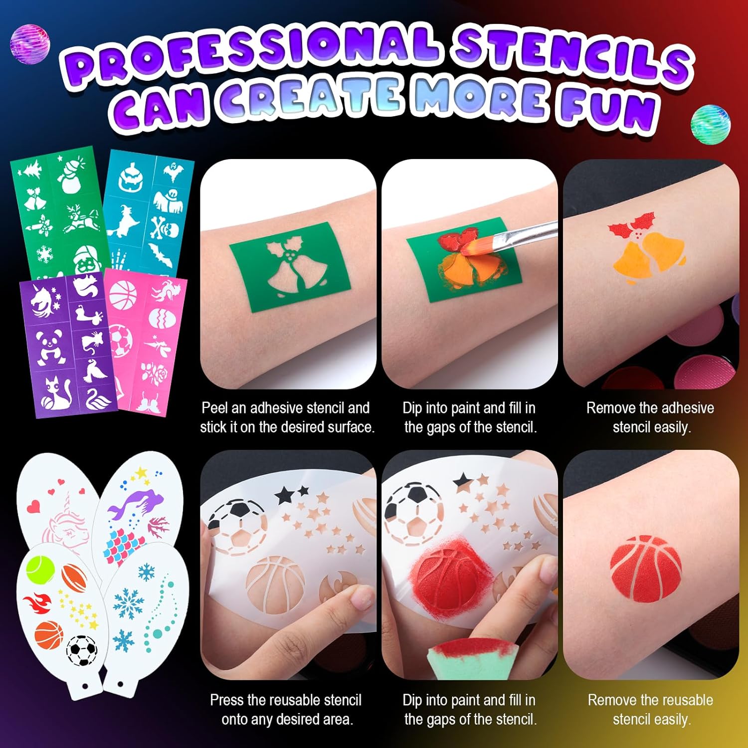 1760473116_Face-Painting-Kit-for-Kids-Non-Toxic-and-Hypoallergenic-Face-Paint-Makeup-Kit-with-Stencils-Book-Easy-to-Use-and-Safe-for-Kids-Fun-for-Halloween-Birthday-Party-School-Event.jpg Face Painting Kit for Kids, Non-Toxic and Hypoallergenic Face Paint Makeup Kit| with Stencils, Book, Easy to Use and Safe for Kids, Fun for Halloween, Birthday Party, School Event - Image 8