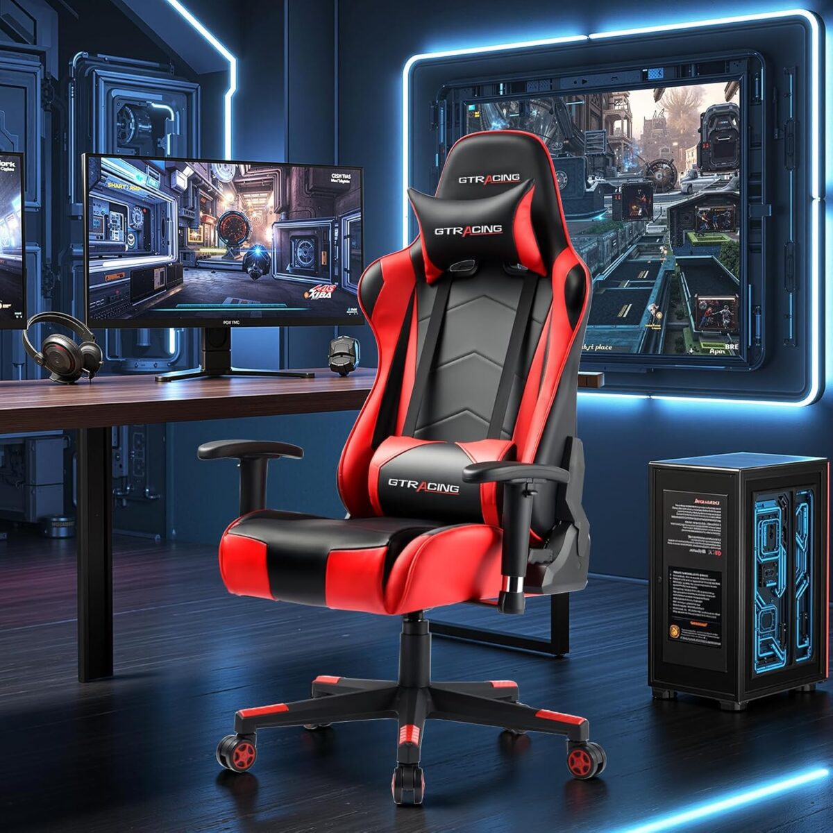 GTRACING Gaming Chair with Reclining Backrest, Adjustable Height and Swivel Base, Ergonomic Computer Chair with Headrest and Lumbar Support (Red) - Image 3