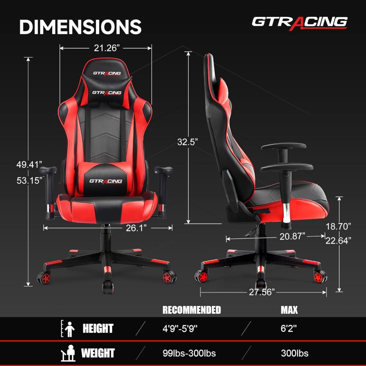 GTRACING Gaming Chair with Reclining Backrest, Adjustable Height and Swivel Base, Ergonomic Computer Chair with Headrest and Lumbar Support (Red) - Image 4