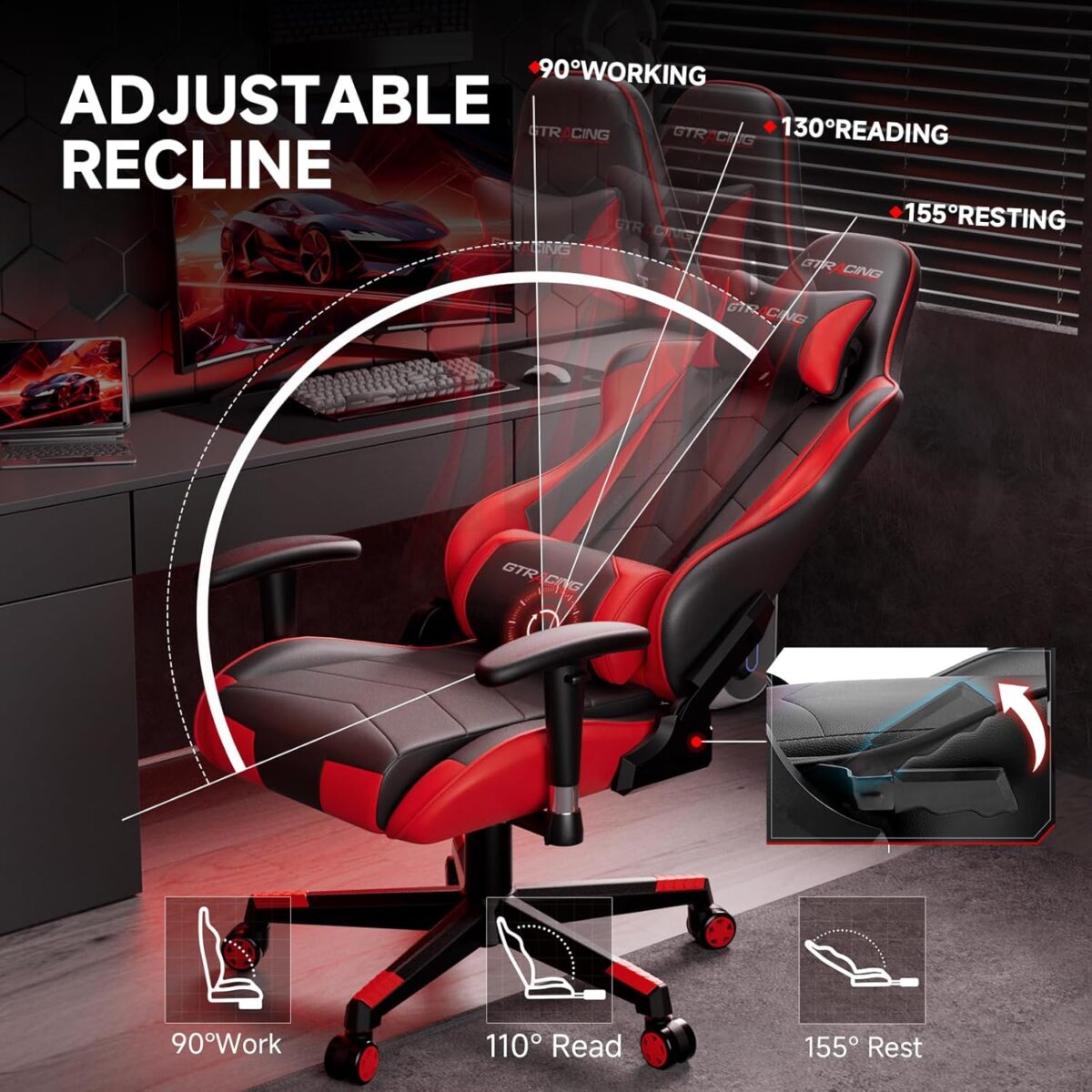 GTRACING Gaming Chair with Reclining Backrest, Adjustable Height and Swivel Base, Ergonomic Computer Chair with Headrest and Lumbar Support (Red) - Image 5