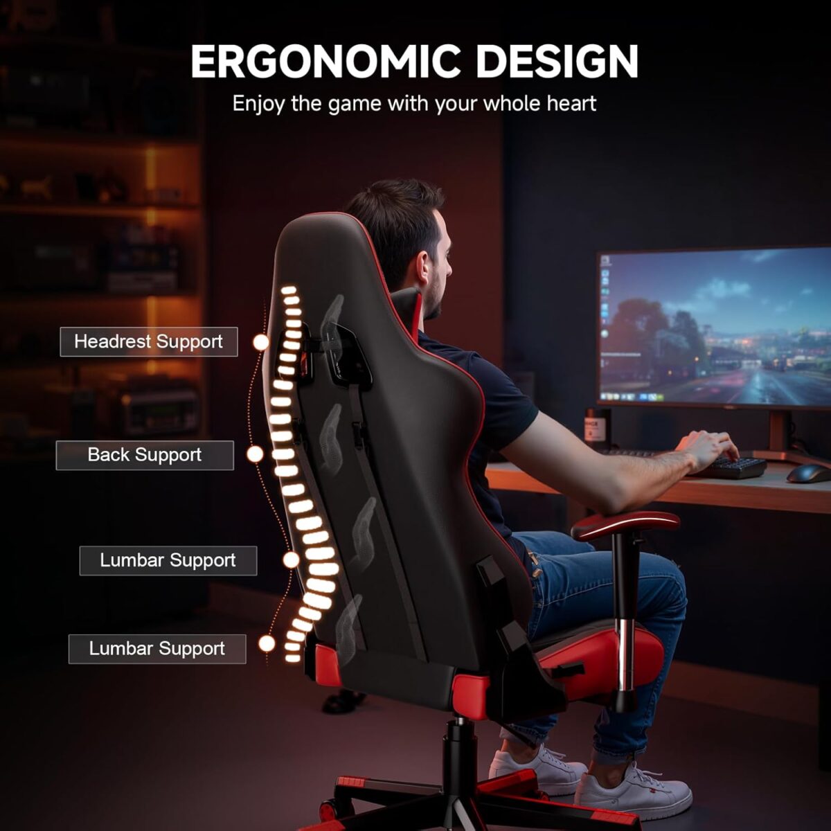 GTRACING Gaming Chair with Reclining Backrest, Adjustable Height and Swivel Base, Ergonomic Computer Chair with Headrest and Lumbar Support (Red) - Image 6