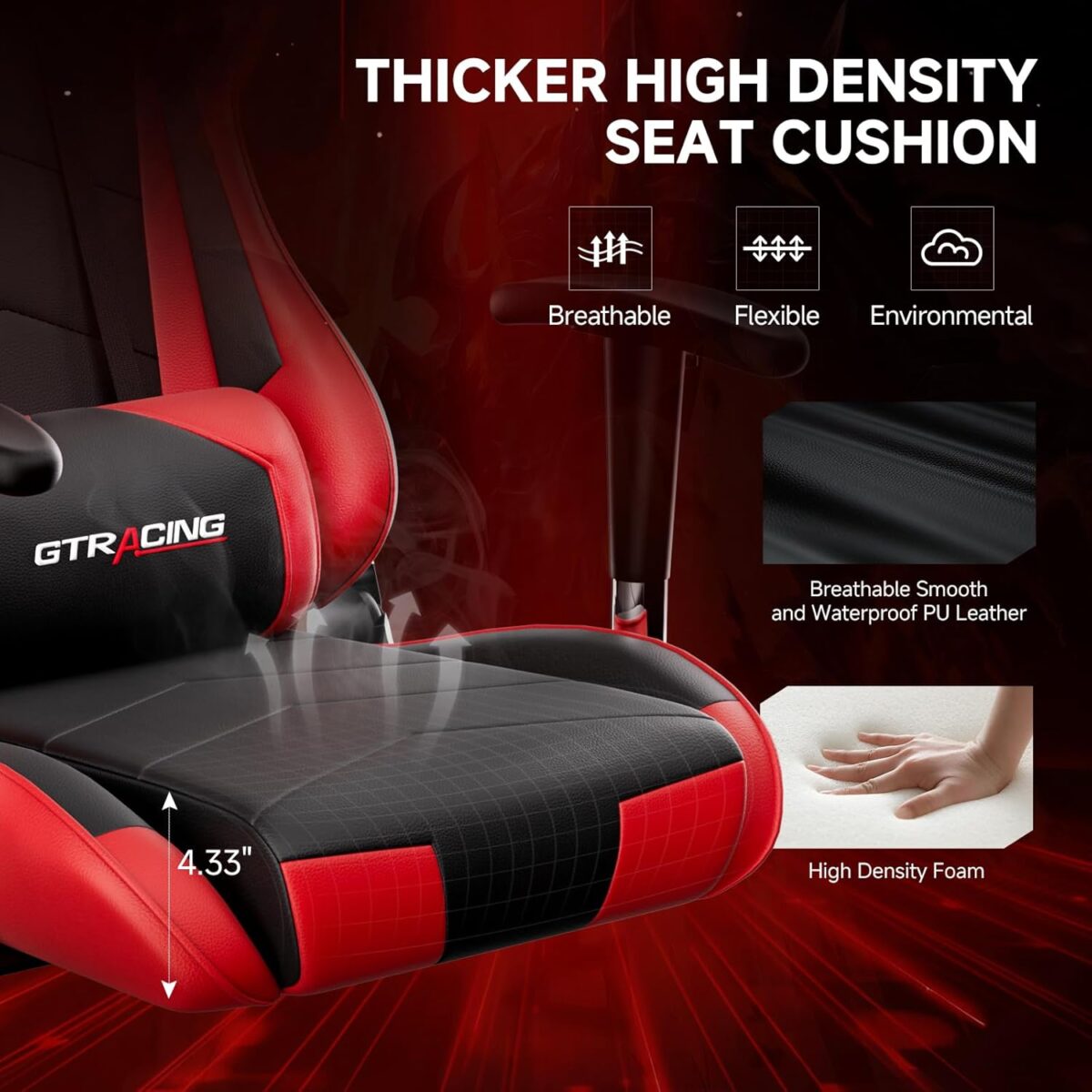 GTRACING Gaming Chair with Reclining Backrest, Adjustable Height and Swivel Base, Ergonomic Computer Chair with Headrest and Lumbar Support (Red) - Image 7