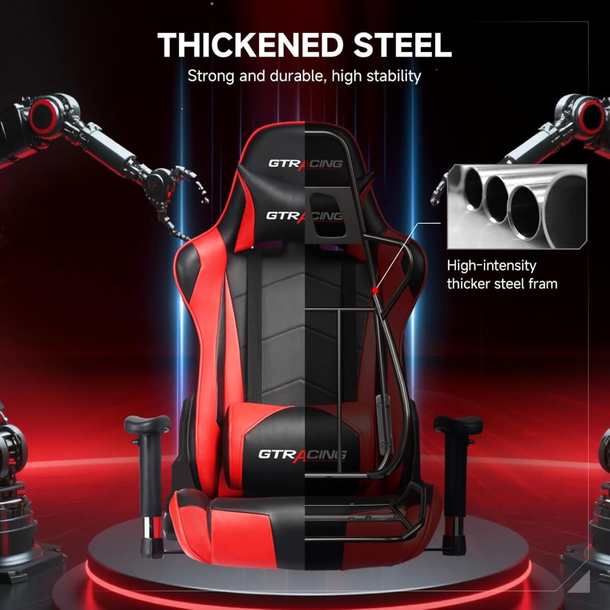 GTRACING Gaming Chair with Reclining Backrest, Adjustable Height and Swivel Base, Ergonomic Computer Chair with Headrest and Lumbar Support (Red) - Image 8