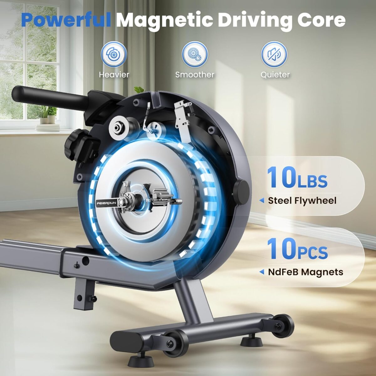 FEIERDUN Rower Machine, Compact Rowing Machines for Home with 350LBS Loading Capacity, Magetic Rower Machine for Home with APP, Row Machine with Dual Slide Rail - Image 3