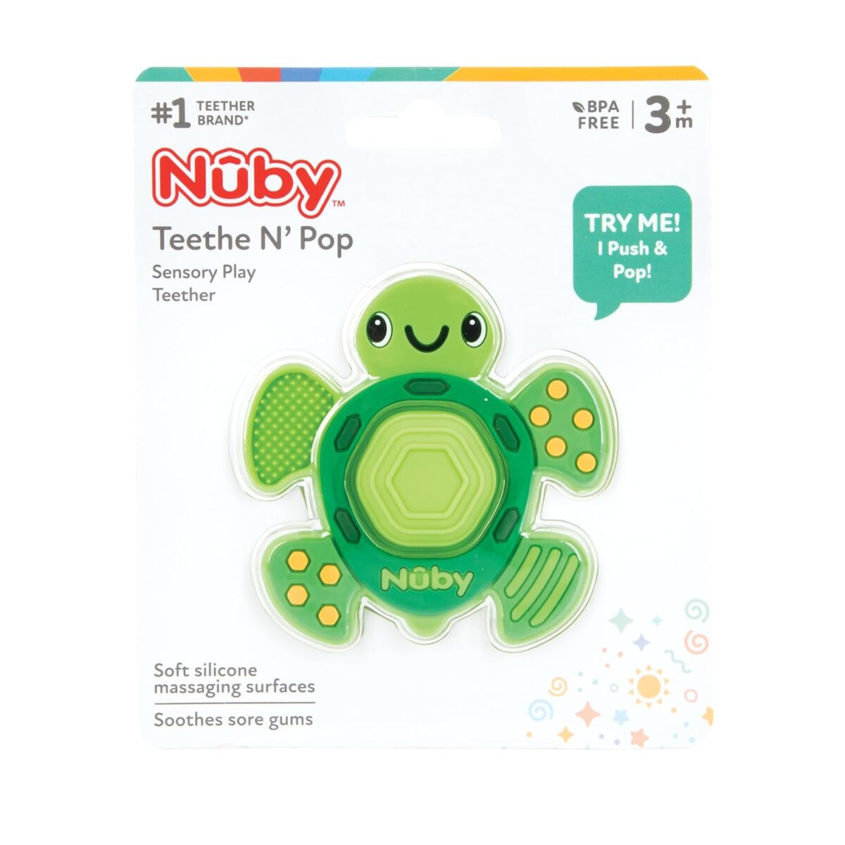 Nuby Teethe N' Pop Sensory Play Teether - Baby Teething Toy - 3+ Months - Turtle - Image 9