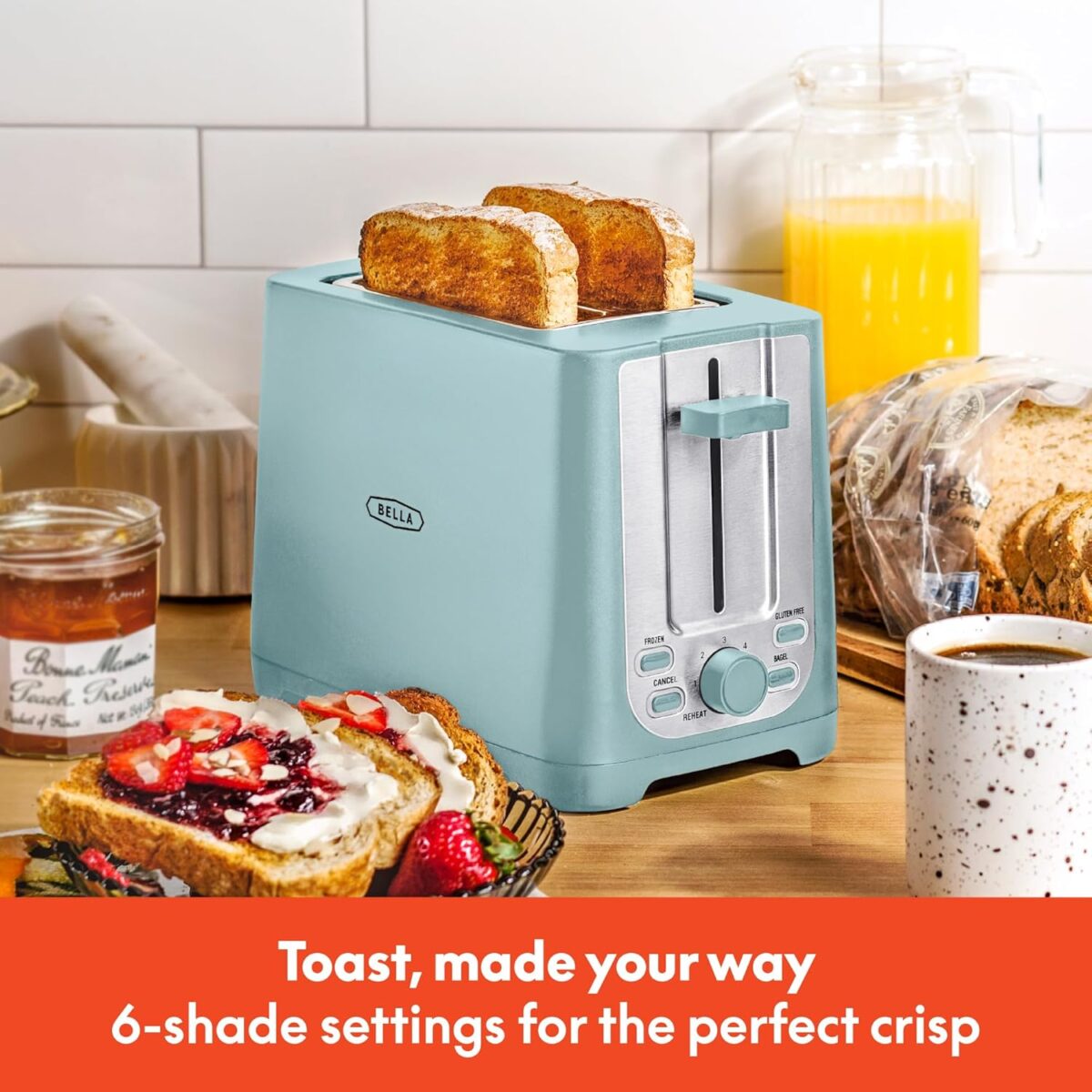 BELLA 2 Slice Toaster with Auto Shut Off - Extra Wide Slots & Removable Crumb Tray and Cancel, Defrost & Reheat Function - Toast Bread, Bagel & Waffle, Aqua - Image 8
