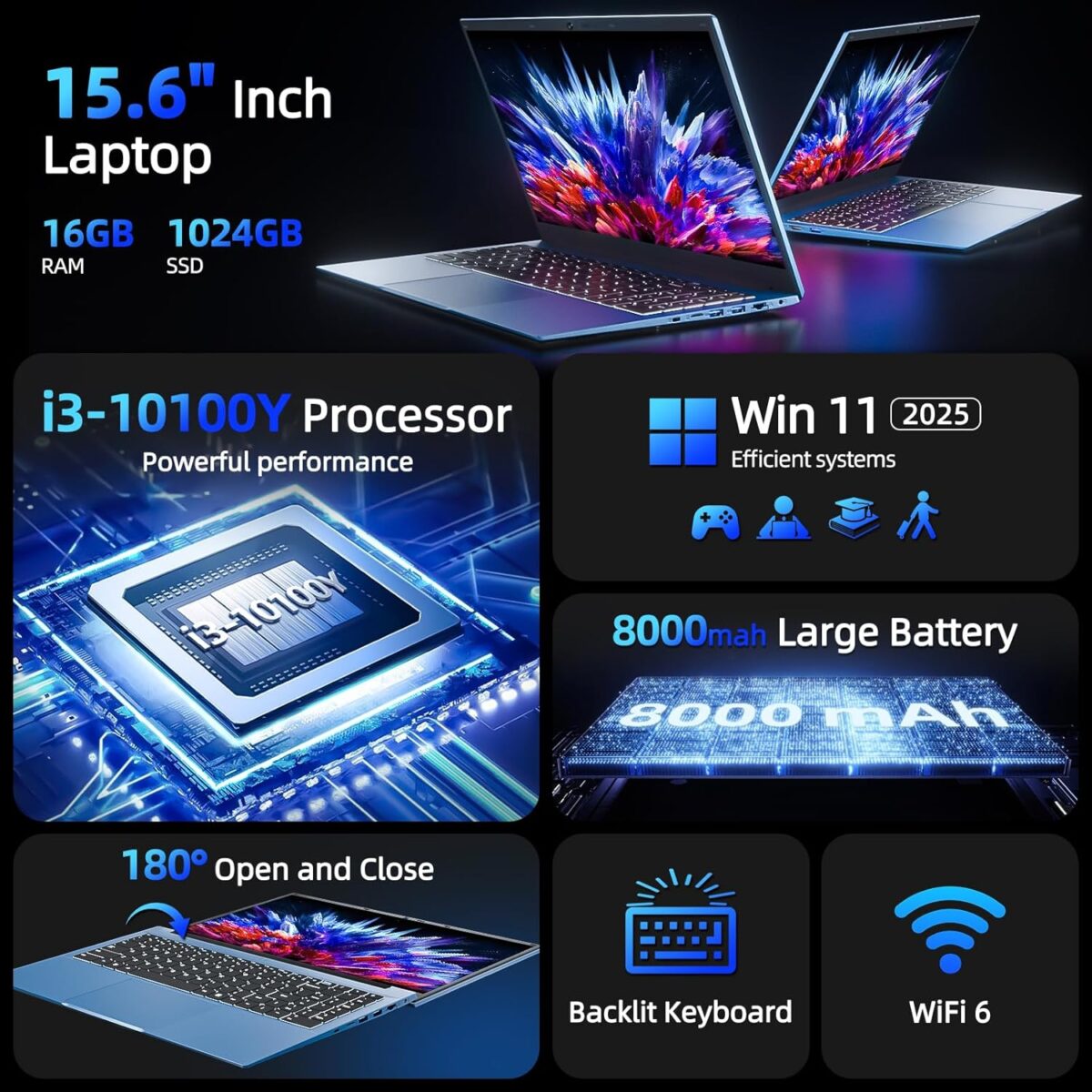 SGIN 15.6 Inch Laptop Computer, Win 11 Laptops with 16GB RAM 1024GB SSD, Core i3-10100Y CPU(Up to 3.9GHz), Backlit Keyboard, 53.2WH Battery, WiFi 6, IPS FHD Display, 180° Viewing, HDMI, Type-C - Image 3