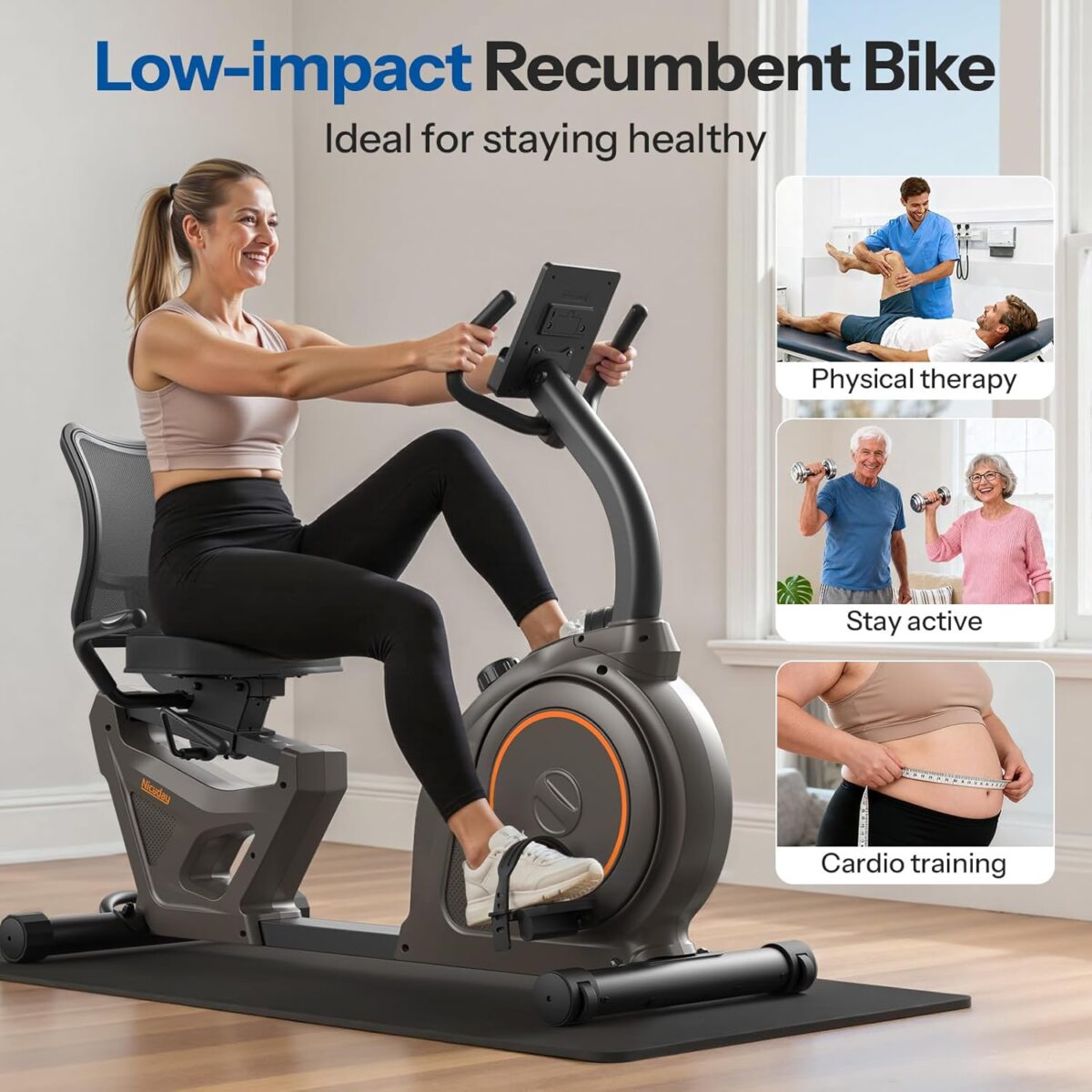 Niceday Recumbent Exercise Bike, Recumbent Bike for Home, Recumbent Stationary Bike 400LBS Weight Capacity, Magnetic Recumbent Bike with Smart APP, LCD Monitor, Heart Rate Handle - Image 3