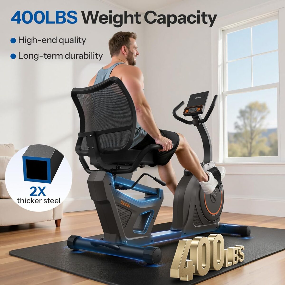 Niceday Recumbent Exercise Bike, Recumbent Bike for Home, Recumbent Stationary Bike 400LBS Weight Capacity, Magnetic Recumbent Bike with Smart APP, LCD Monitor, Heart Rate Handle - Image 5