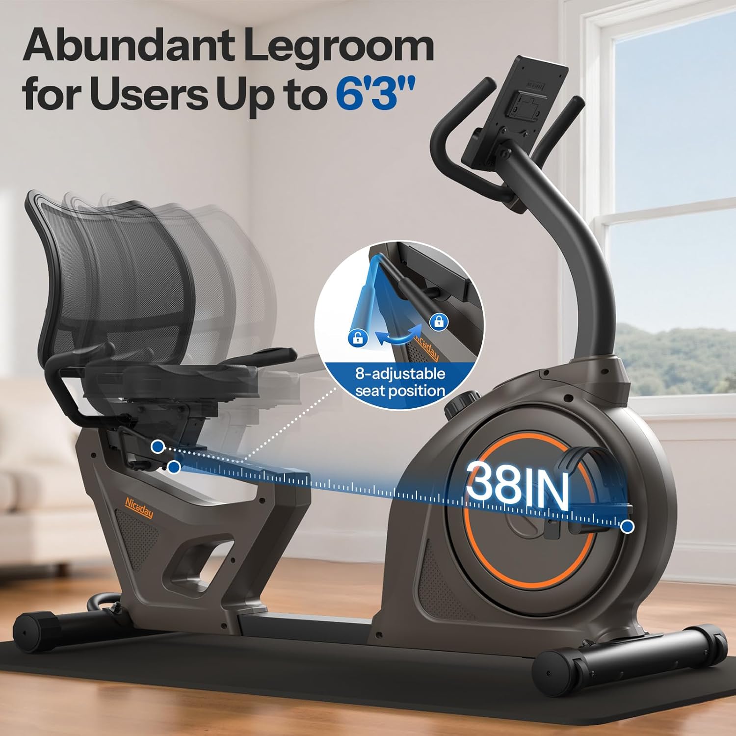 1760647199_Niceday-Recumbent-Exercise-Bike-Recumbent-Bike-for-Home-Recumbent-Stationary-Bike-400LBS-Weight-Capacity-Magnetic-Recumbent-Bike-with-Smart-APP-LCD-Monitor-Heart-Rate-Handle.jpg Niceday Recumbent Exercise Bike, Recumbent Bike for Home, Recumbent Stationary Bike 400LBS Weight Capacity, Magnetic Recumbent Bike with Smart APP, LCD Monitor, Heart Rate Handle - Image 8