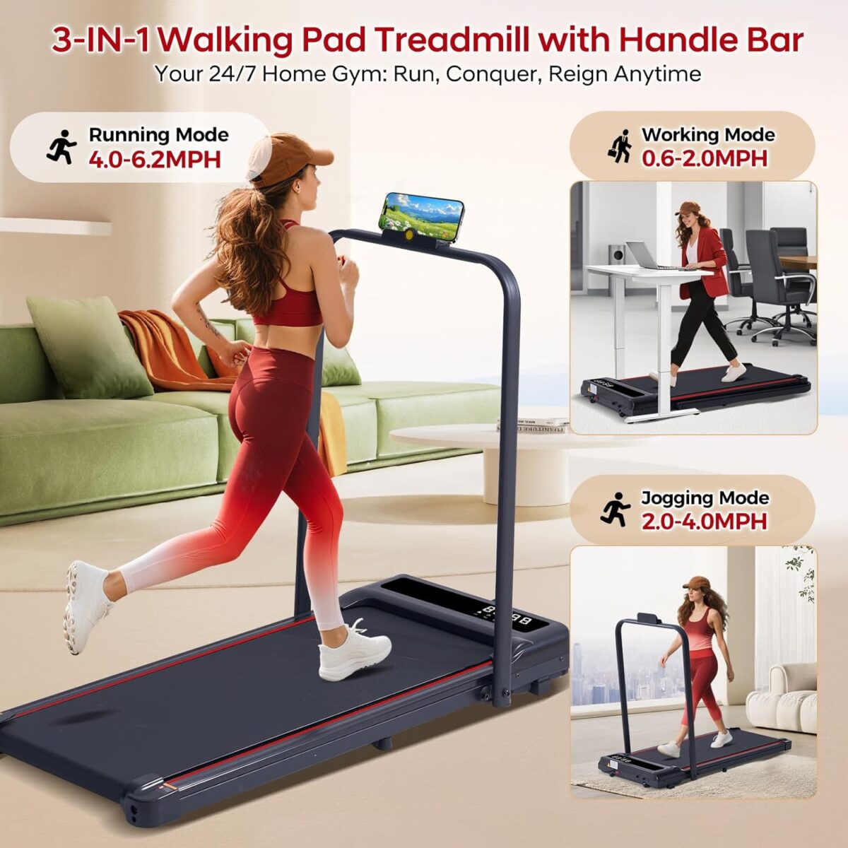 Compact Walking Pad with Handle Bar, Poratble Small Walking Pads Treadmills for Home Small with Handles, 3.0HP Electric Under The Desk Treadmills f with 0.6-6.2MPH and 320LBS - Image 3