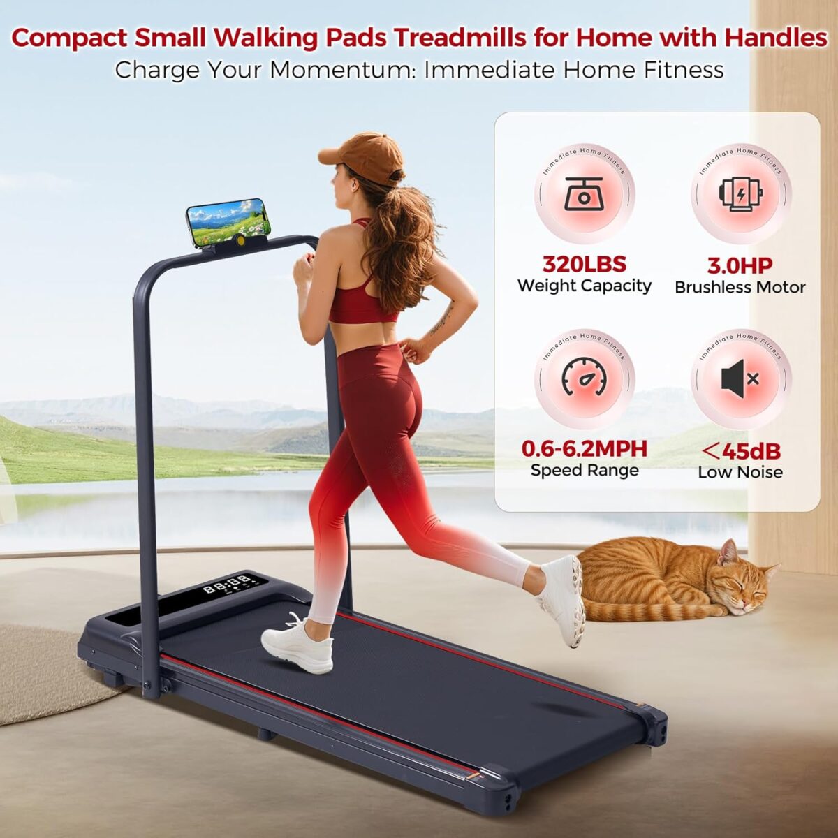 Compact Walking Pad with Handle Bar, Poratble Small Walking Pads Treadmills for Home Small with Handles, 3.0HP Electric Under The Desk Treadmills f with 0.6-6.2MPH and 320LBS - Image 5