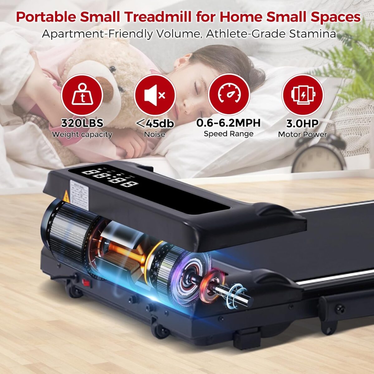 Compact Walking Pad with Handle Bar, Poratble Small Walking Pads Treadmills for Home Small with Handles, 3.0HP Electric Under The Desk Treadmills f with 0.6-6.2MPH and 320LBS - Image 7