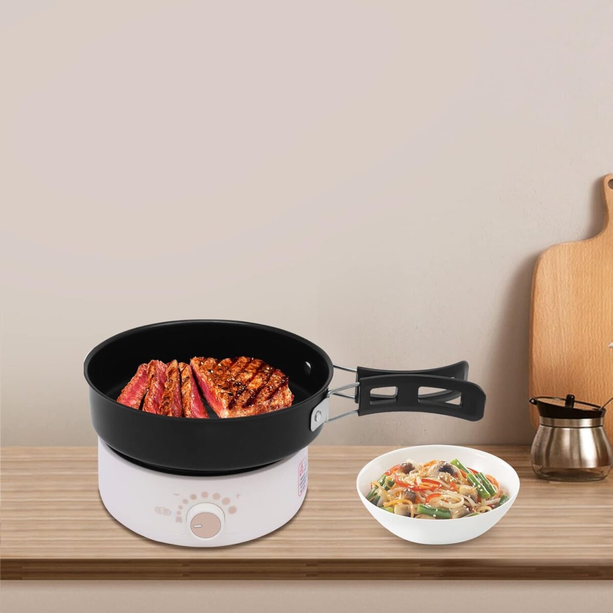 500W Electric Hot Pot with Steamer, Non-stick Frying Pan with Foldable Handles, 110V Mini Hot Pot, Multi-Functional Ramen Noodle Cooker for Pasta, Oatmeal, Soup, Steak - Image 7