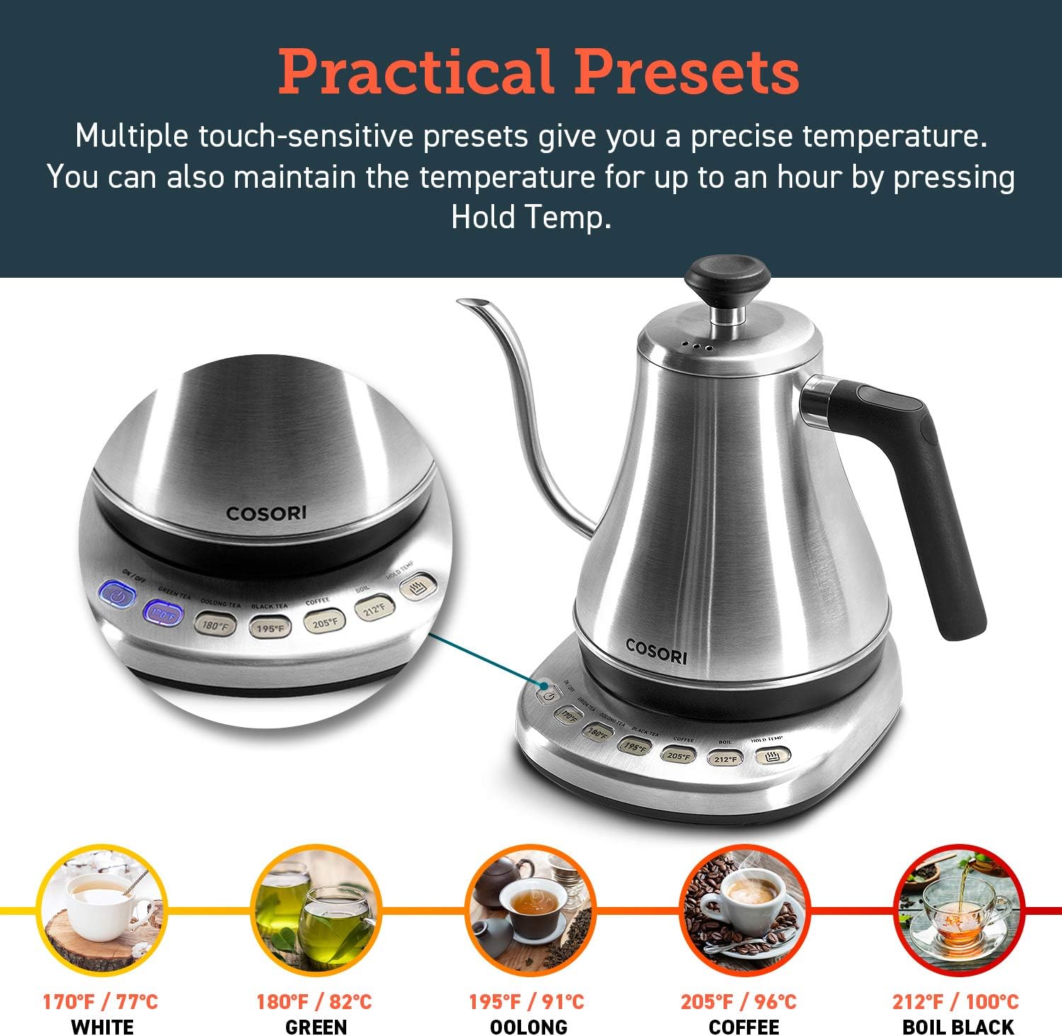 1760648722_COSORI-Gooseneck-Electric-Kettle-with-5-Variable-Presets-Pour-Over-Coffee-maker-100-Stainless-Steel-Inner-Lid-Bottom-1200-Watt-Quick-Heating-0.8L-Silver.jpg COSORI Gooseneck Electric Kettle with 5 Variable Presets, Pour Over & Coffee maker, 100% Stainless Steel Inner Lid & Bottom, 1200 Watt Quick Heating, 0.8L, Silver - Image 4