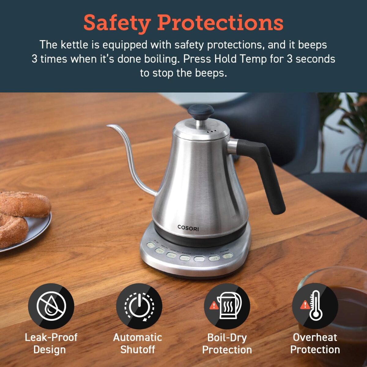COSORI Gooseneck Electric Kettle with 5 Variable Presets, Pour Over & Coffee maker, 100% Stainless Steel Inner Lid & Bottom, 1200 Watt Quick Heating, 0.8L, Silver - Image 8