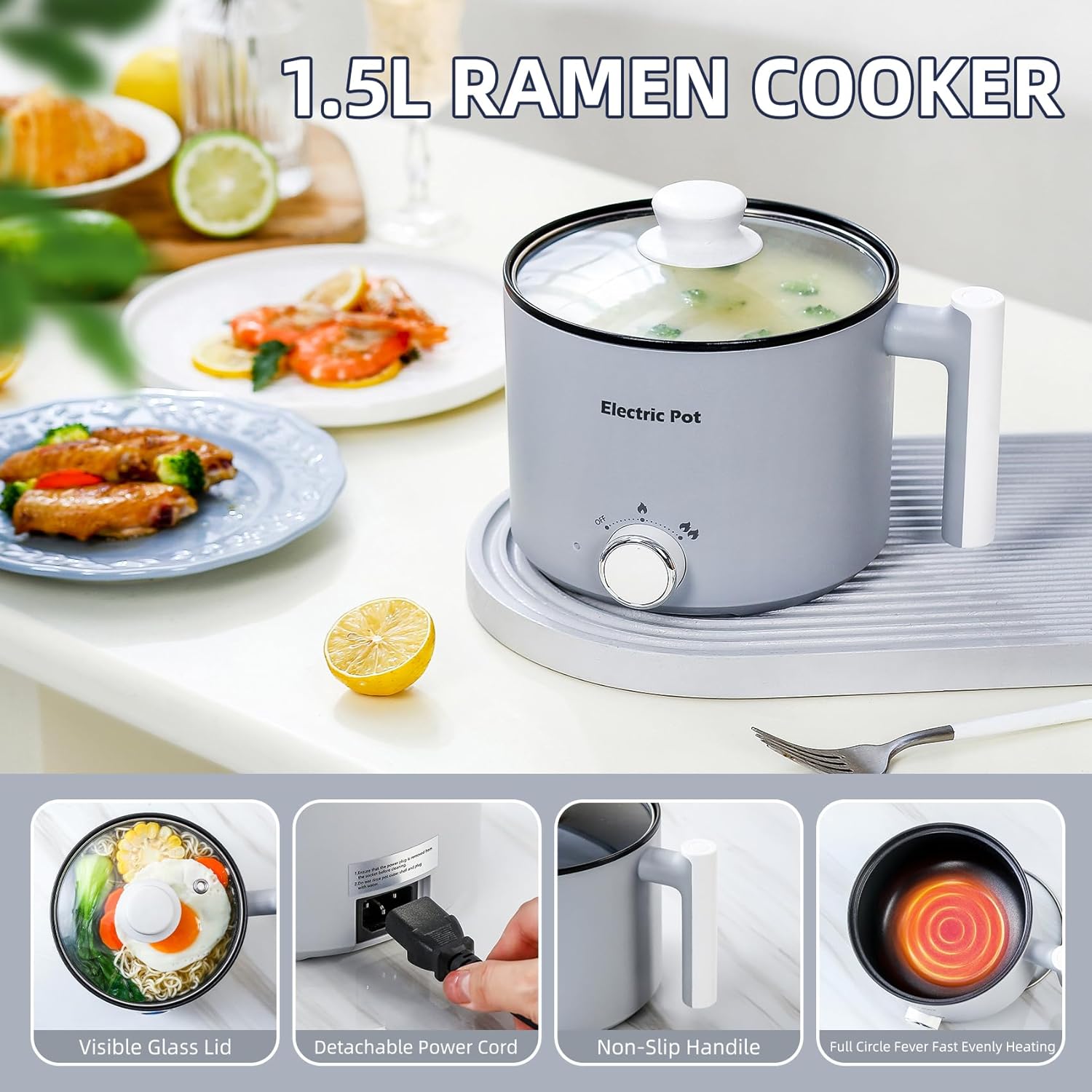 1760648791_Electric-Hot-Pot1.5-L-Ramen-Cooker-Dual-Power-Mini-Portable-Multi-Functional-Lazy-Pot-for-Pasta-Noodles-Egg-Soup-Non-Stick-Noodle-Cooker-with-Boil-Dry-Protection-for-Dorm-Office-Grey.jpg Electric Hot Pot:1.5 L Ramen Cooker, Dual Power Mini Portable Multi-Functional Lazy Pot for Pasta, Noodles, Egg, Soup, Non-Stick Noodle Cooker with Boil Dry Protection for Dorm, Office (Grey) - Image 5