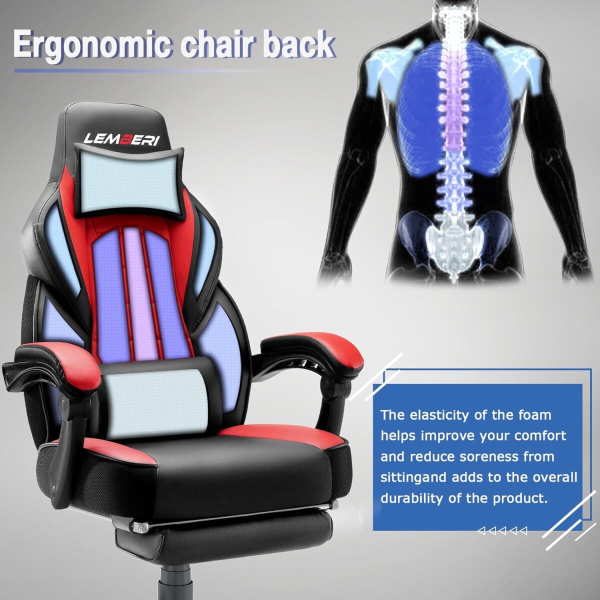 LEMBERI Video Game Chairs with footrest, Big and Tall Gamer Chair for Adults, 400lb Capacity, Racing Style Computer Chair with Headrest and Lumbar Support - Image 6