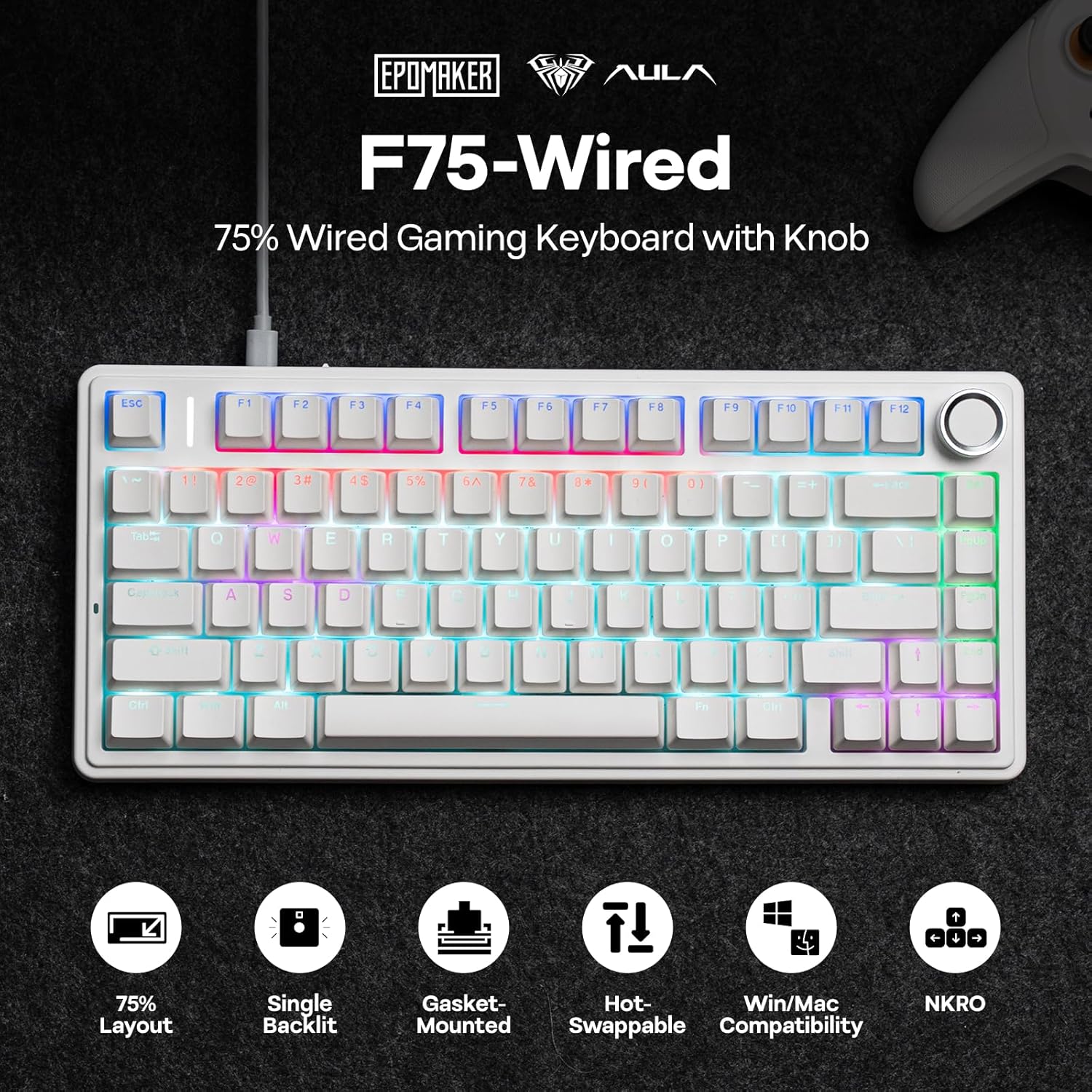 1760651631_EPOMAKER-Aula-F75-Wired-75-Gaming-Keyboard-with-Knob-Shine-Through-ABS-Keycap-Gasket-Structure-Programmable-Hot-Swappable-Creamy-Mechanical-Keyboard-for-GamesOffice-White.jpg EPOMAKER Aula F75-Wired 75% Gaming Keyboard with Knob, Shine Through ABS Keycap, Gasket Structure, Programmable, Hot Swappable Creamy Mechanical Keyboard for Games/Office (White) - Image 3