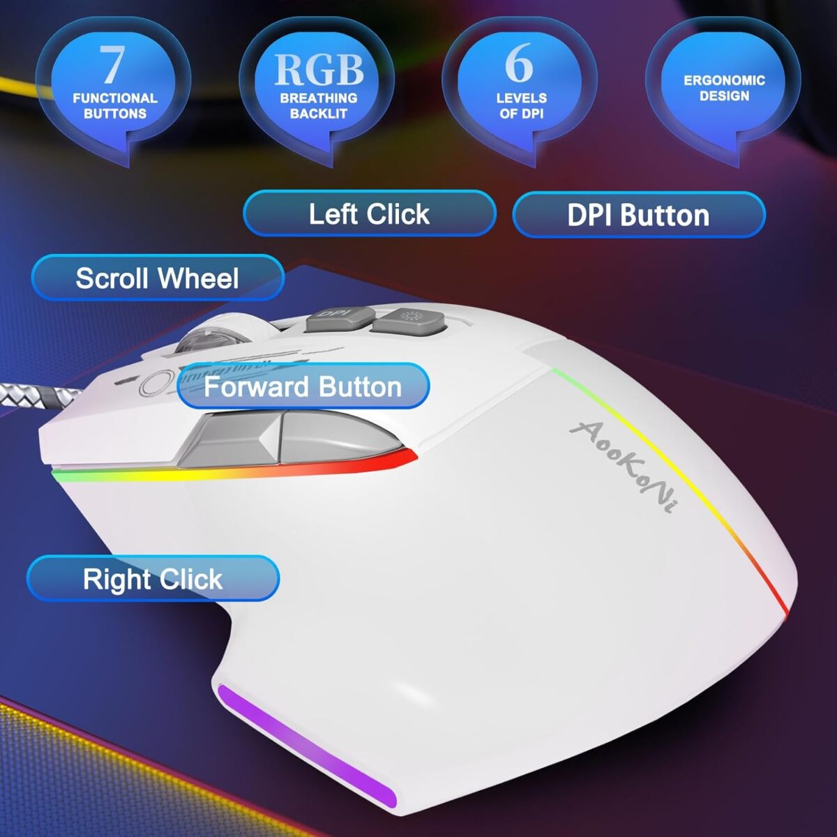 Gaming Mouse, Wired Gaming Mouse with RGB Backlit, 7200DPI Adjustable, PC Gaming Mice with 7 rogrammable Macro Buttonsg, Ergonomic Mouse Gamer for PC, Desktop, Mac，Laptop, Chromebook. - Image 3