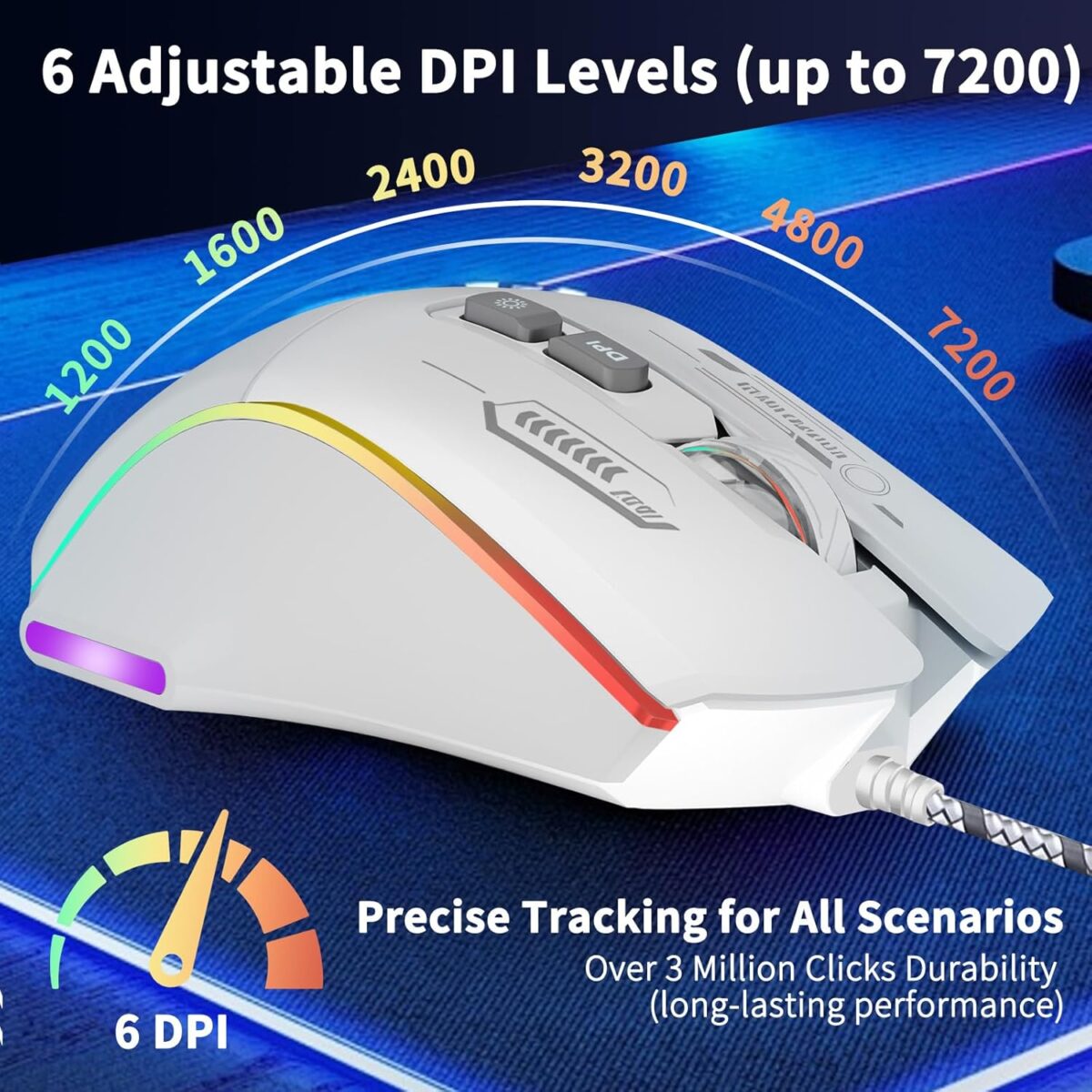 Gaming Mouse, Wired Gaming Mouse with RGB Backlit, 7200DPI Adjustable, PC Gaming Mice with 7 rogrammable Macro Buttonsg, Ergonomic Mouse Gamer for PC, Desktop, Mac，Laptop, Chromebook. - Image 4