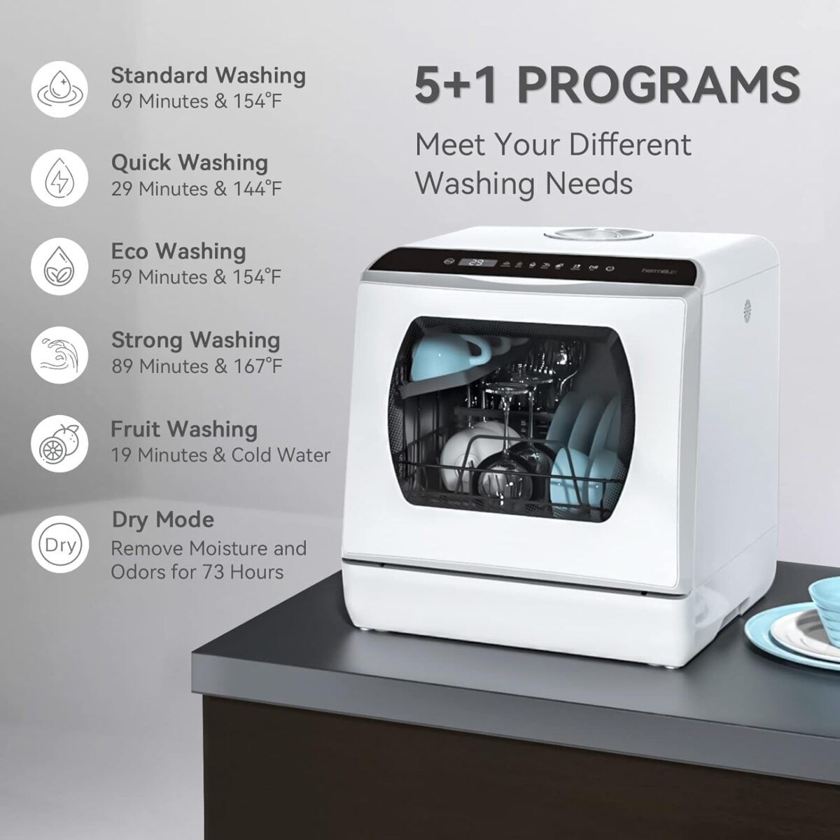 Hermitlux Countertop Dishwasher, 5 Washing Programs Portable Dishwasher With 5-Liter Built-in Water Tank For Glass Door - Image 4