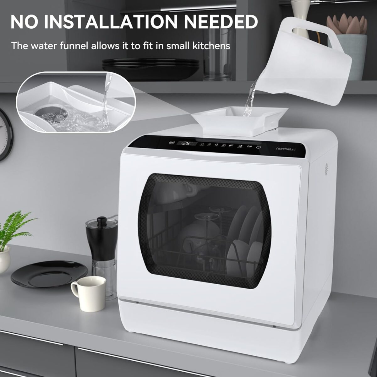 Hermitlux Countertop Dishwasher, 5 Washing Programs Portable Dishwasher With 5-Liter Built-in Water Tank For Glass Door - Image 5