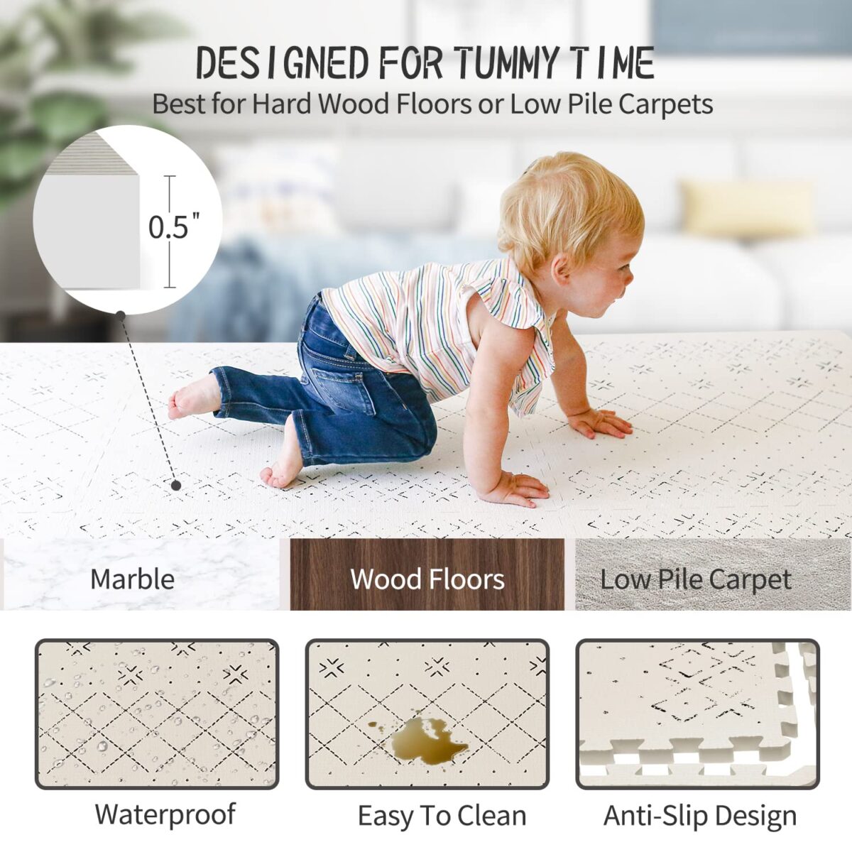Yay Mats Stylish Extra Large Baby Play Mat. Soft, Thick, Non-Toxic Foam Covers 6 ft x 4 ft. Expandable Tiles with Edges Infants and Kids Playmat Tummy Time Mat (Carter Mudcloth Tan) - Image 5