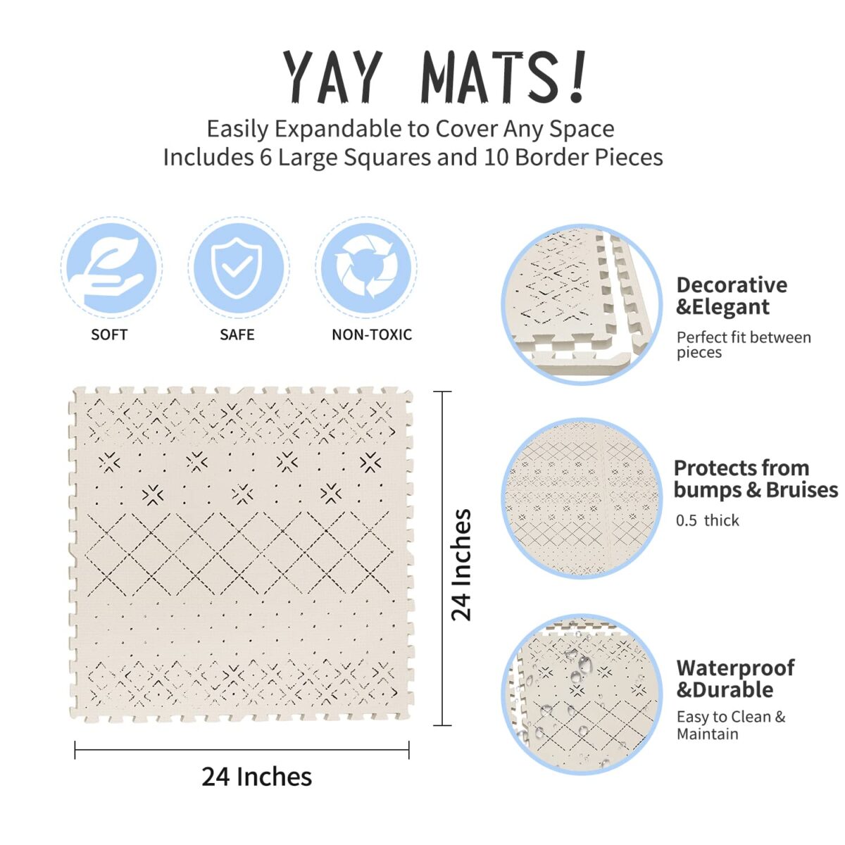 Yay Mats Stylish Extra Large Baby Play Mat. Soft, Thick, Non-Toxic Foam Covers 6 ft x 4 ft. Expandable Tiles with Edges Infants and Kids Playmat Tummy Time Mat (Carter Mudcloth Tan) - Image 9