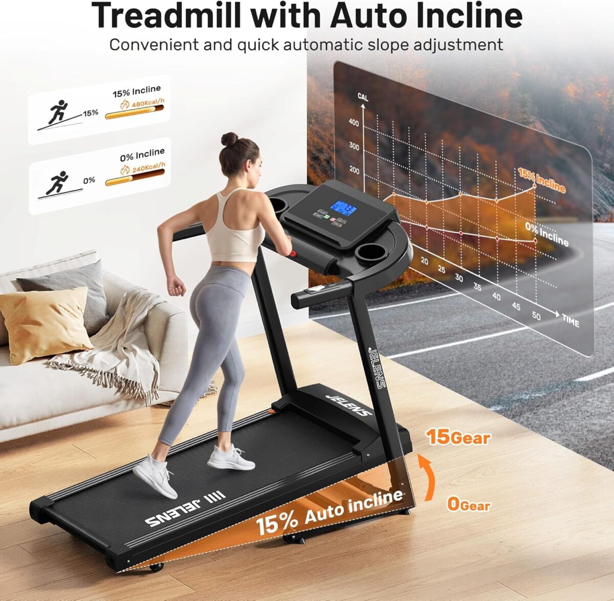 Treadmill for Home with 0-15% Auto Incline, Foldable Walking Pad Treadmill with 330LBS Weight Capacity and Pulse Sensors, 3.0HP Quiet Walking Pad with App and LCD Display - Image 3