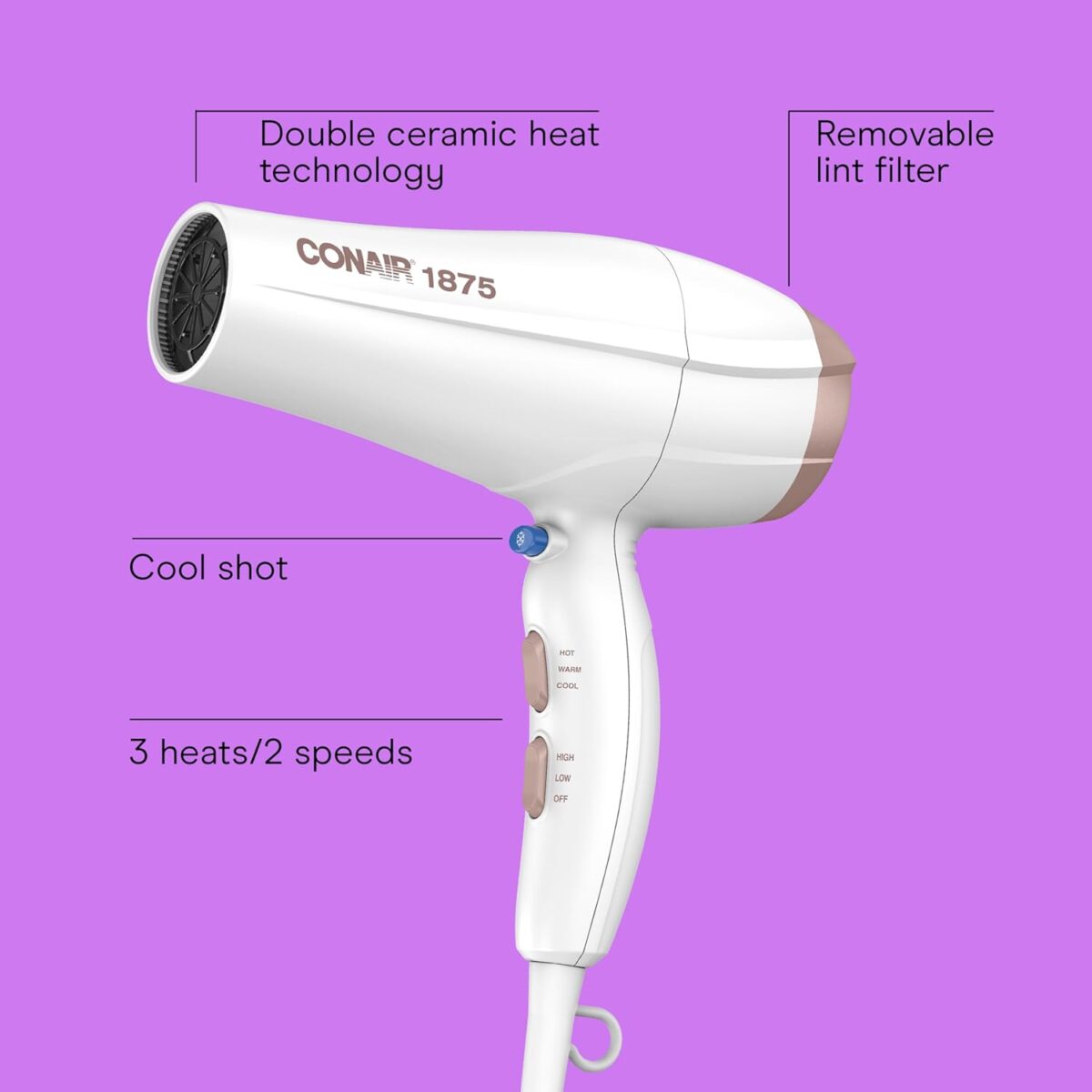 Conair Double Ceramic Hair Dryer, 1875W Blow Dryer with Diffuser and Concentrator, Ionic Conditioning, 3 Heat & 2 Speed Settings, Amazon Exclusive, White - Image 3
