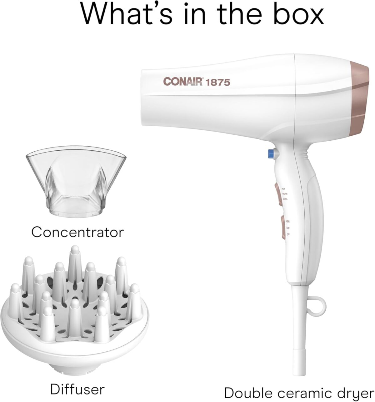 Conair Double Ceramic Hair Dryer, 1875W Blow Dryer with Diffuser and Concentrator, Ionic Conditioning, 3 Heat & 2 Speed Settings, Amazon Exclusive, White - Image 11