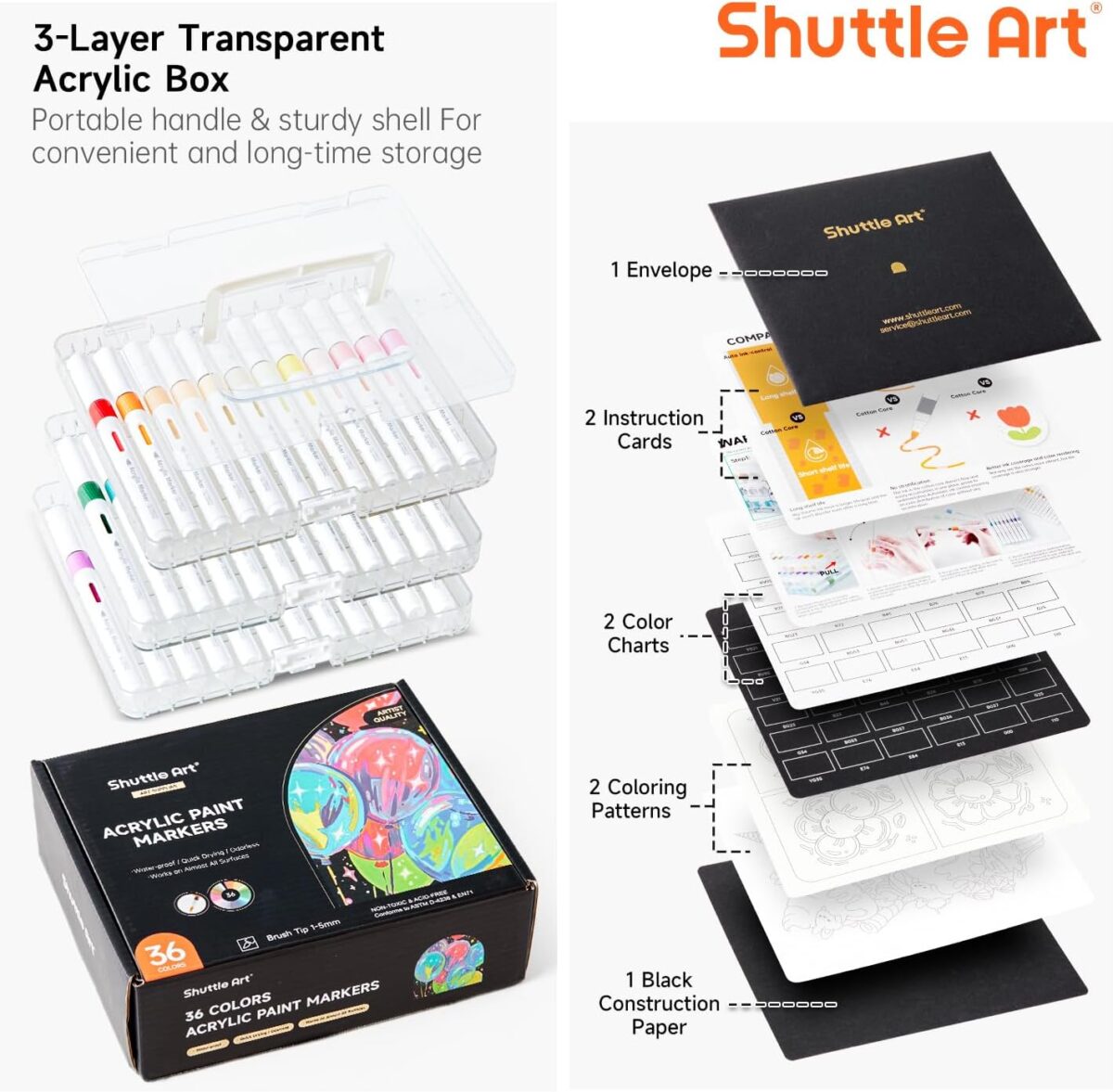 Shuttle Art Automatic Ink Control Acrylic Paint Markers, 36 Colors Brush Tip Acrylic Paint Pens for Rock Painting, Ceramic, Wood, Canvas, Glass, Stone, Fabric, Card Making, DIY & Art Supplies - Image 4