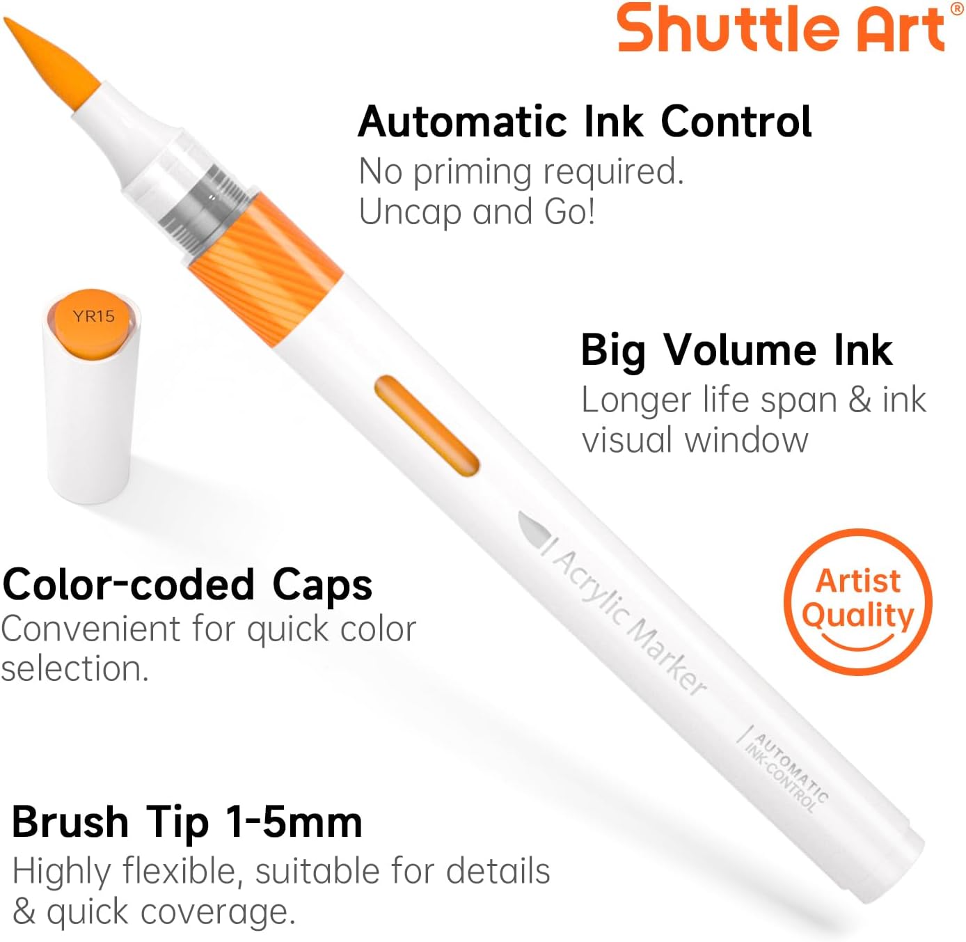 1760737540_Shuttle-Art-Automatic-Ink-Control-Acrylic-Paint-Markers-36-Colors-Brush-Tip-Acrylic-Paint-Pens-for-Rock-Painting-Ceramic-Wood-Canvas-Glass-Stone-Fabric-Card-Making-DIY-Art-Supplies.jpg Shuttle Art Automatic Ink Control Acrylic Paint Markers, 36 Colors Brush Tip Acrylic Paint Pens for Rock Painting, Ceramic, Wood, Canvas, Glass, Stone, Fabric, Card Making, DIY & Art Supplies - Image 5