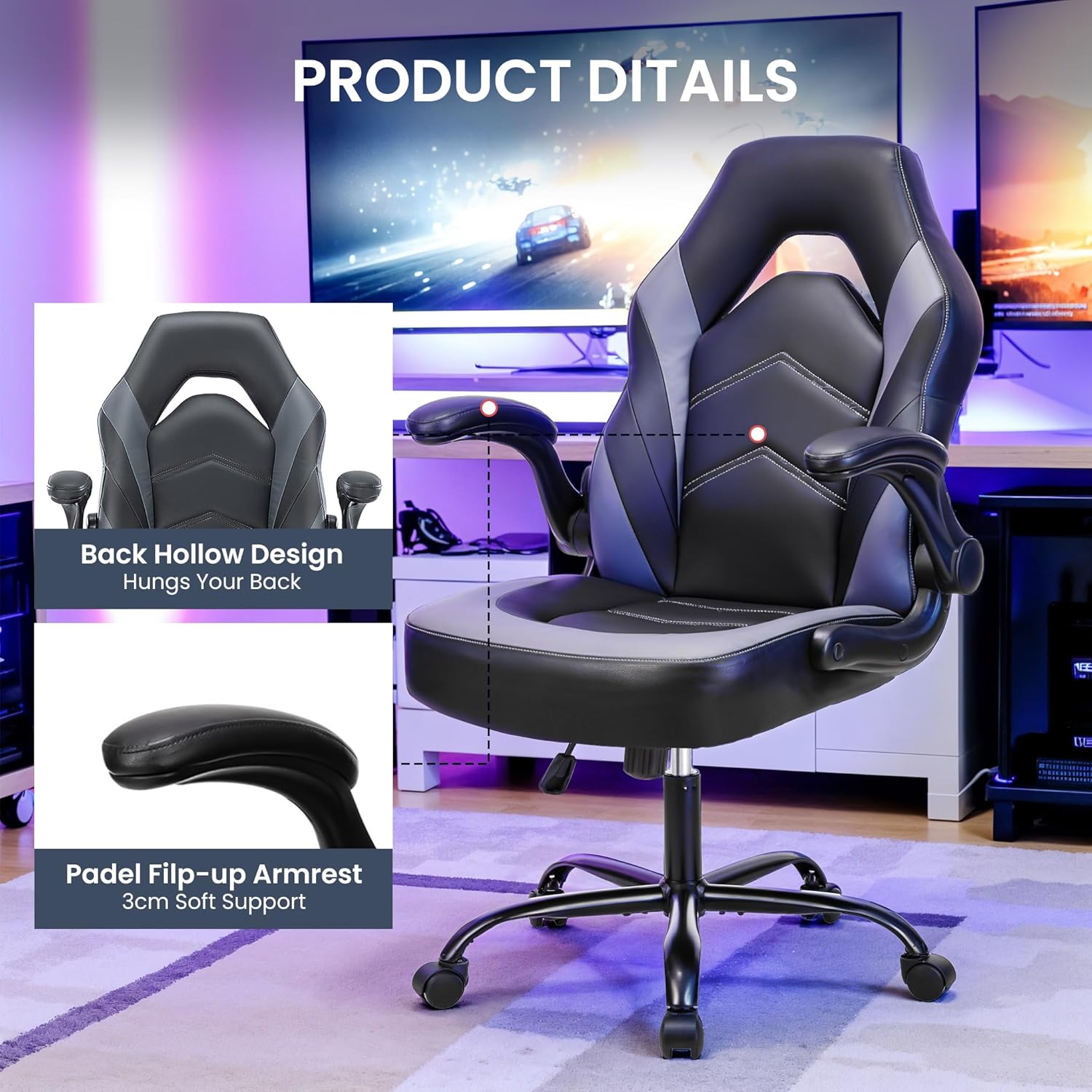 1760737828_Ergonomic-Gaming-Desk-Chair-Adjustable-PU-Leather-Swivel-Racing-Chair-with-Flip-up-Armrests-for-Home-Office-and-Entertainment-Perfect-for-Adults-Kids-and-Gamers.jpg Ergonomic Gaming Desk Chair - Adjustable PU Leather Swivel Racing Chair with Flip-up Armrests for Home Office and Entertainment, Perfect for Adults, Kids, and Gamers - Image 5