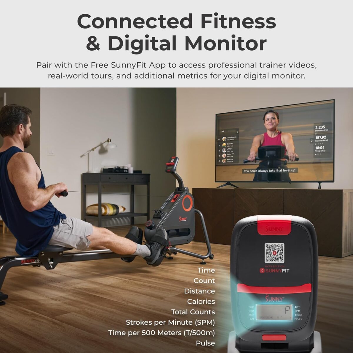 Sunny Health & Fitness Magnetic Rowing Machine for Home Exercise, Quiet & Smooth Rower with Compact Storage and Optional Free SunnyFit App Connectivity - Image 6