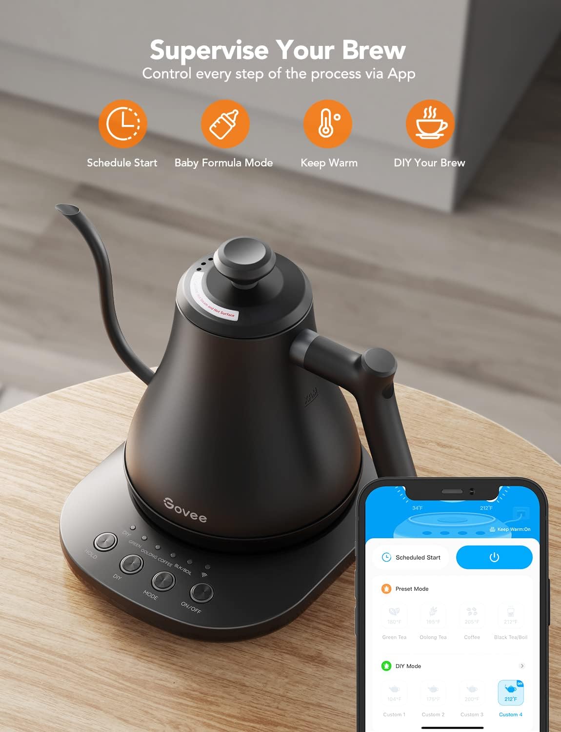 1760825588_Govee-Smart-Electric-Kettle-WiFi-Variable-Temperature-Gooseneck-Pour-Over-Kettle-and-Tea-Kettle-Alexa-Control-1200W-Quick-Heating-100-Stainless-Steel-0.8L-Matte-Black.jpg Govee Smart Electric Kettle, WiFi Variable Temperature Gooseneck Pour Over Kettle and Tea Kettle, Alexa Control, 1200W Quick Heating, 100% Stainless Steel, 0.8L, Matte Black - Image 8