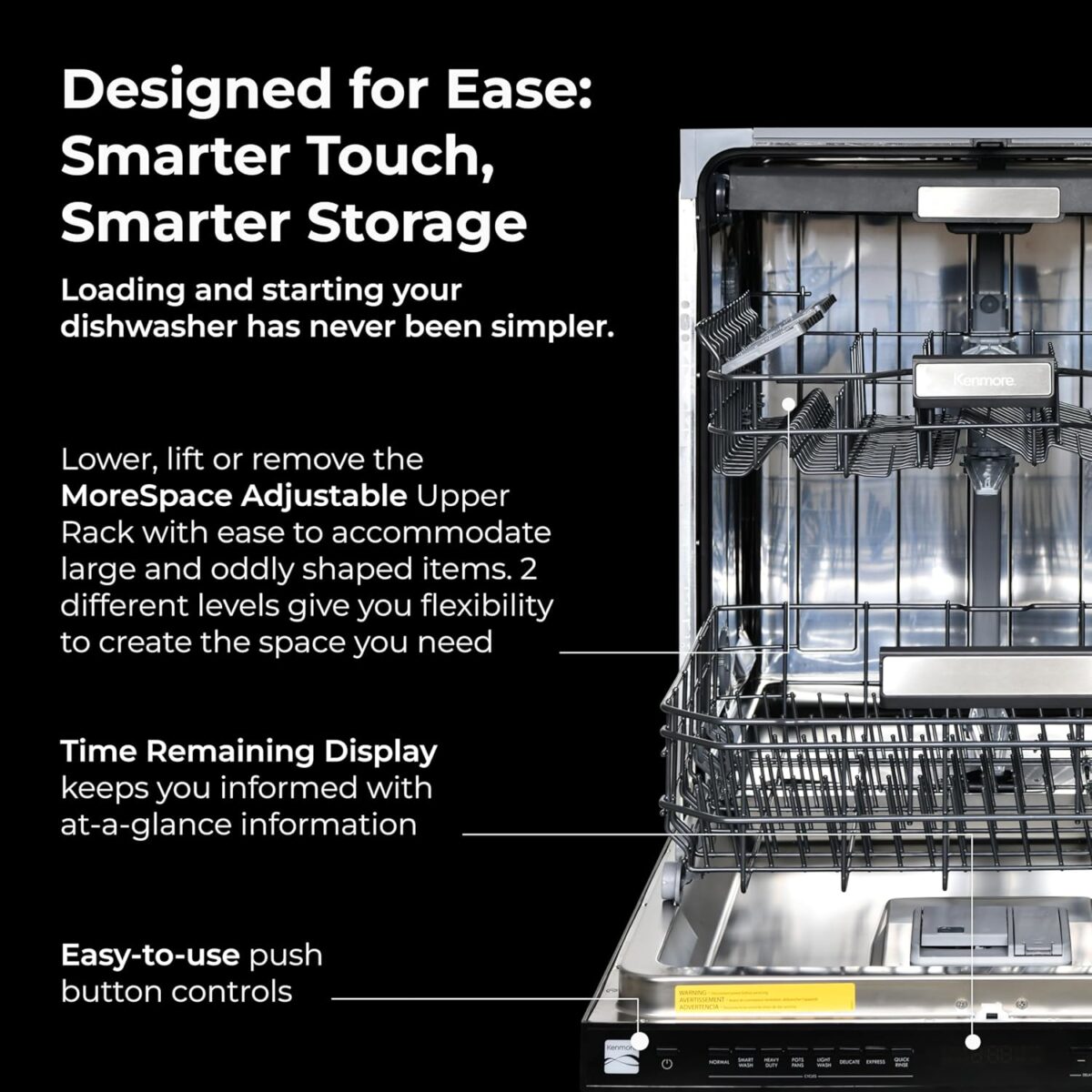 Kenmore 24" Built-in Stainless Steel Tub Dishwasher EasyFlex 3rd, SmartWash, UltraWash Plus, TurboDry, MoreSpace Adjustable Rack, Energy Star Certified, Black - Image 6