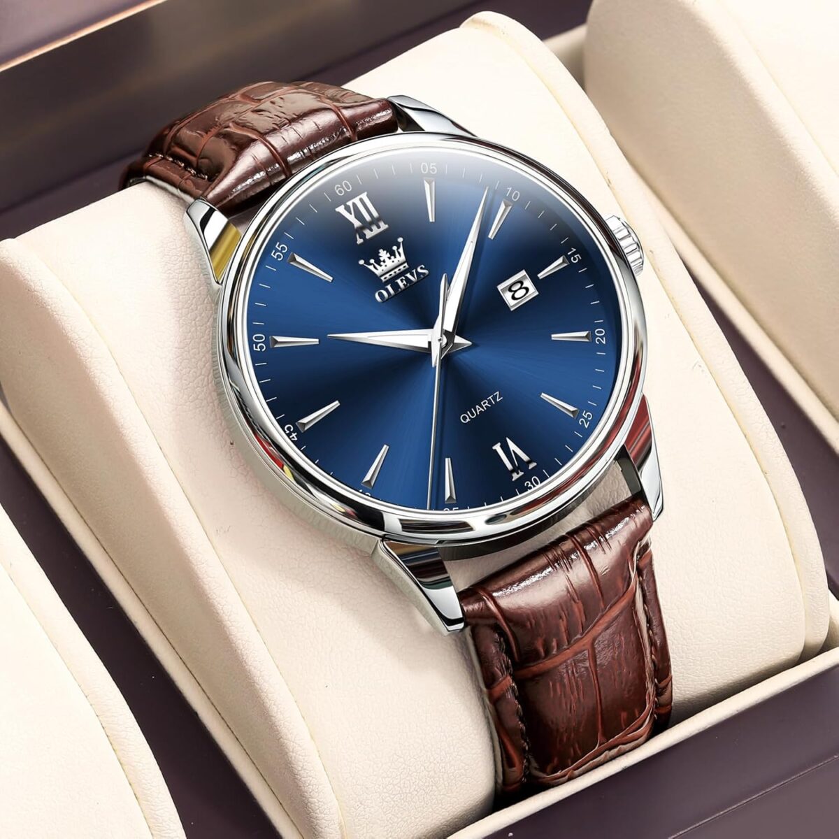 OLEVS Men Leather Watch,Mens Wrist Watches,Big Face Watches for Men,Leather Band Watches for Men,Day Date Watches for Men,Waterproof Watches for Men,Men Classic Watch,Reloj para Hombres - Image 4